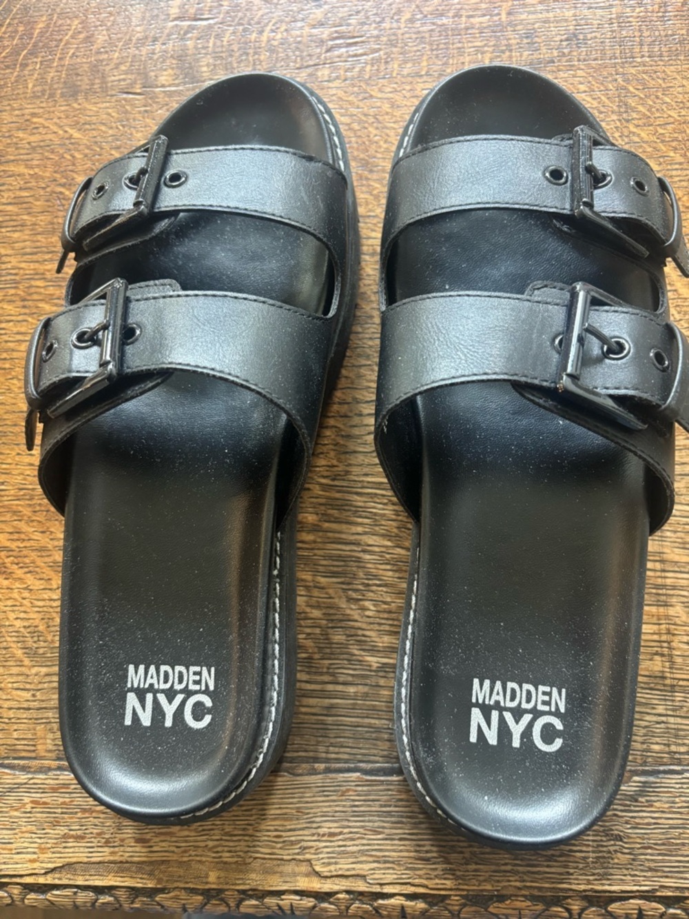 Madden NYC Women's Black Double-Strap Slide Sandals